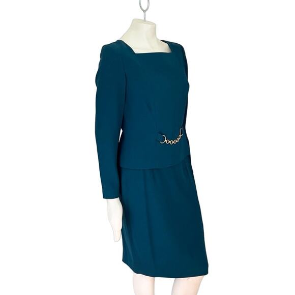VTG LIZ CLAIBORNE 2 Piece Skirt Suit with Gold Chain Detail in Green SZ 8 - Picture 4 of 13